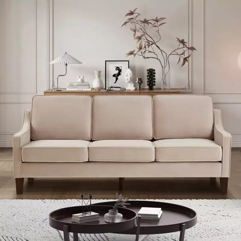 Fauteuil/Causeuse/Canapé 3 places rembourré avec accoudoirs arrondis et pieds en bois, Bleu marine/Noir/Taupe, 4W-ModernLuxe