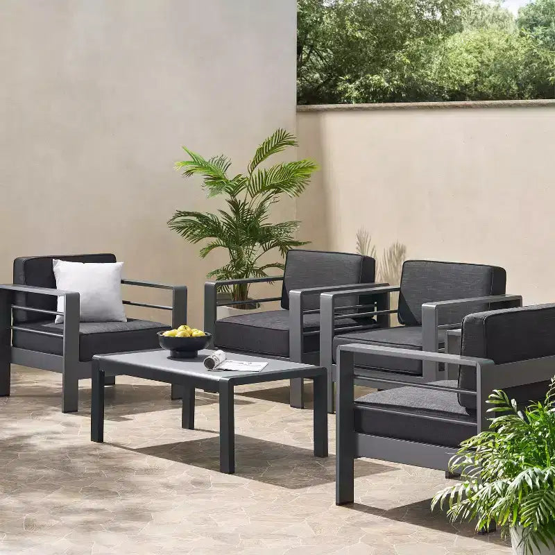 Ensemble de conversation d'extérieur GDFStudio Mason en aluminium 4 places avec coussins, gris et gris foncé