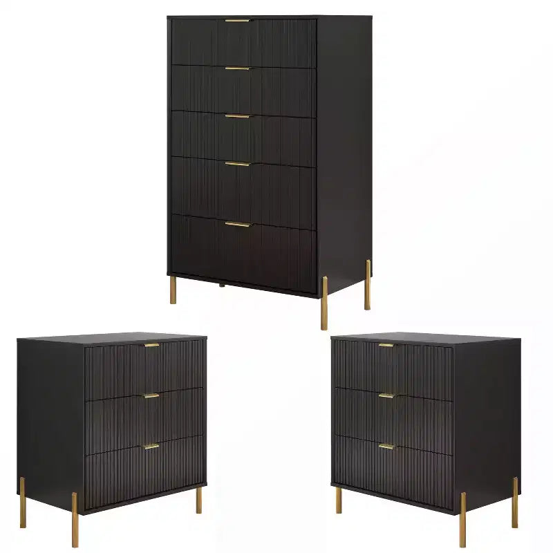 Festivo 3pc Modern Elegance 3 Drawer Nightstands and 5 Drawer Chest Set